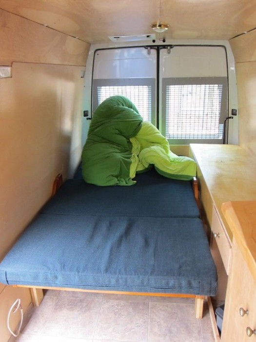 "Stealth" DIY Sprinter camper, rear bed setup