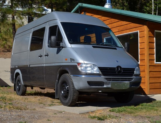 DIY Sprinter camper van exterior, showing two-tone custom paint (photo: 3Up Adventure)s