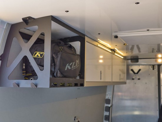 DIY Sprinter bike hauler custom overhead shelves (photo: Miguel Santana)