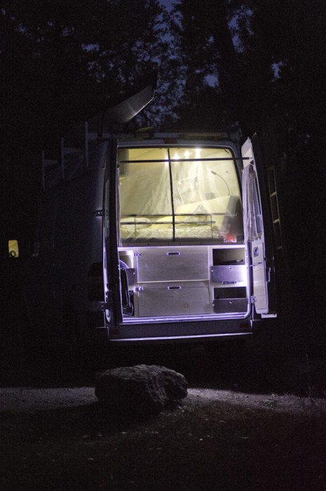 Peter Kitchell's Sprinter conversion at night