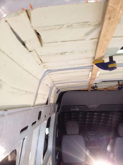 Ceiling insulation in Dan's DIY Sprinter conversion