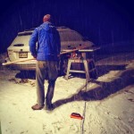 Cutting lumber in the snow for Dan's DIY Sprinter conversion